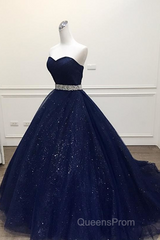 Navy Blue Ball Gown Court Train Sleeveless Mid Back Sparkle Evening Prom Dress