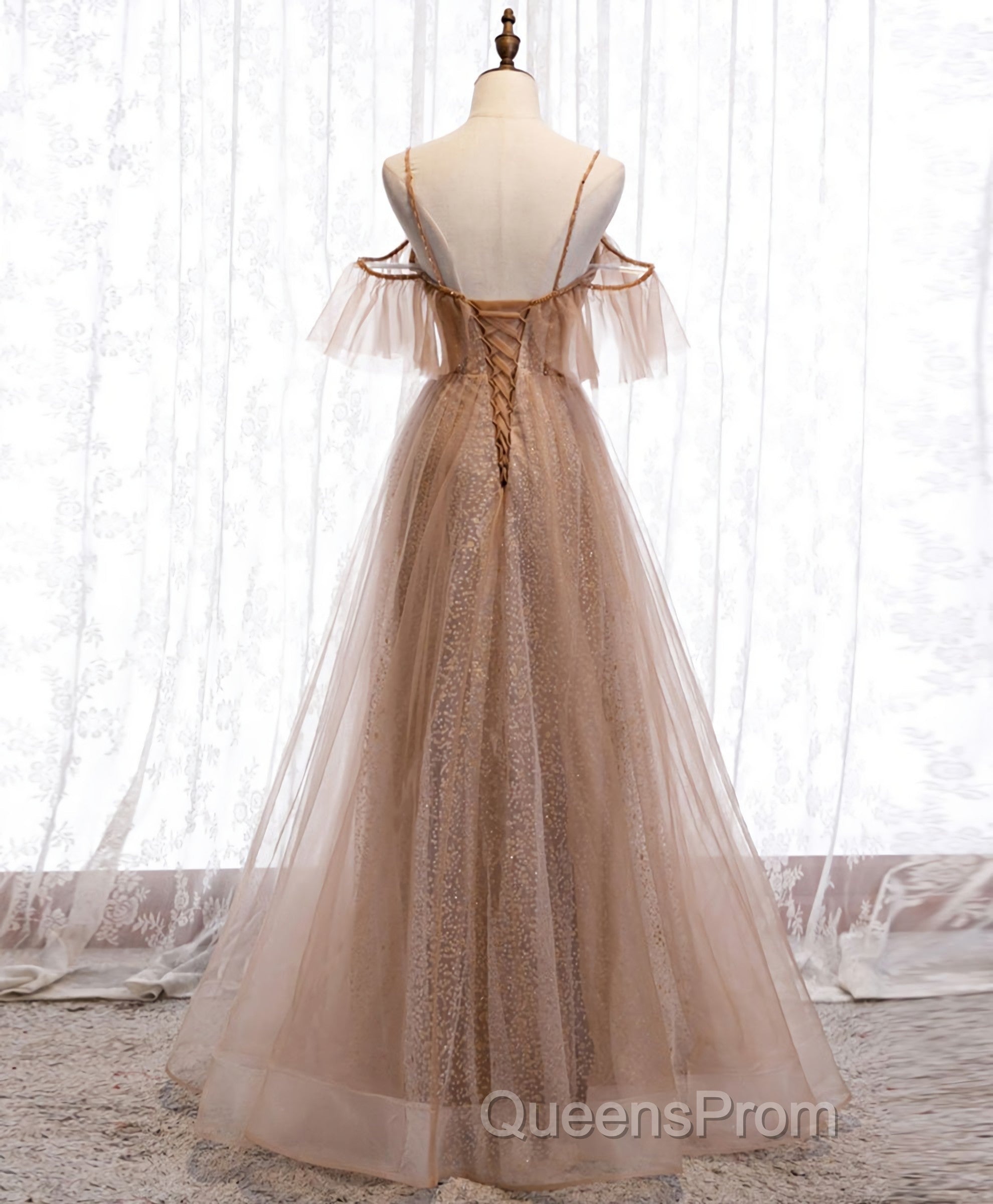 Champagne Tulle Sequin Long Evening Prom Dress, Champagne Evening Dress Secondary image