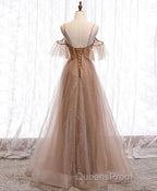 Champagne Tulle Sequin Long Evening Prom Dress, Champagne Evening Dress