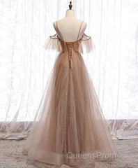 Champagne Tulle Sequin Long Evening Prom Dress, Champagne Evening Dress