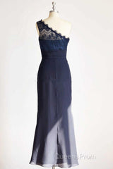 One-Shoulder Navy Blue Lace Long Bridesmaid Dress