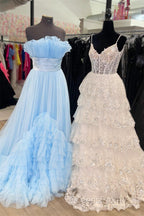 Navy Blue Floral Multi-Layers Sequined Straps Long Evening Prom Dress