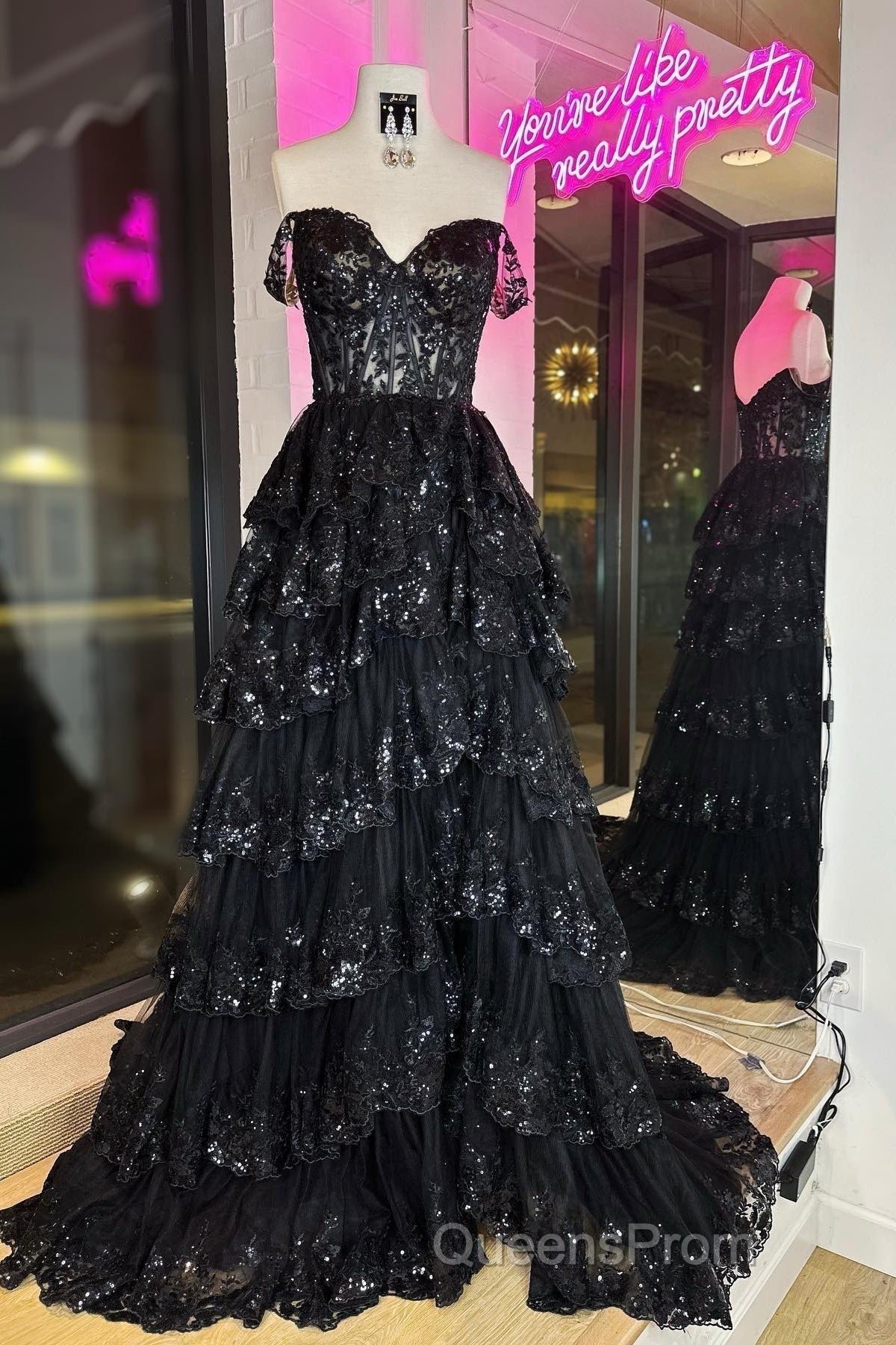 Light Blue Lace Sweetheart Tiered Long Evening Prom Dress with Slit