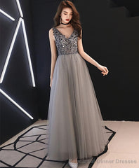 Gray V Neck Tulle Sequin Long Prom Dress Gray Tulle Evening Dress