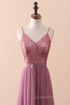 Dusty Purple Sequin Spaghetti Straps A-Line Long Bridesmaid Dress