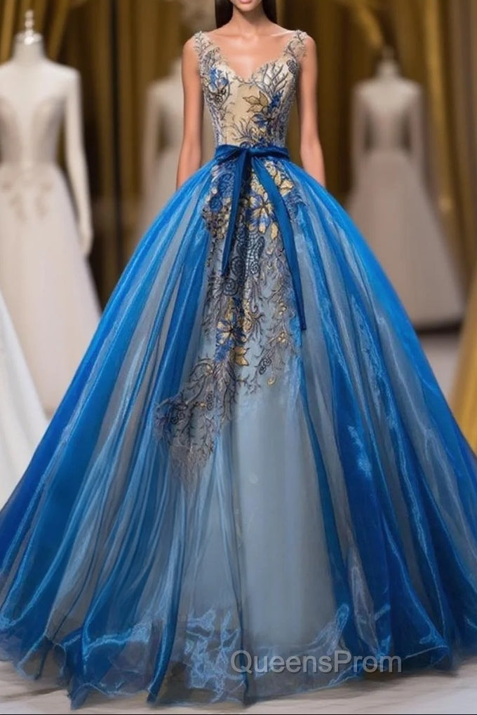 UniqueDresss Puffy V Neck Organza Applique Modest Evening Prom Dress Evening Dress Main image