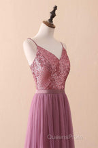 Dusty Purple Sequin Spaghetti Straps A-Line Long Bridesmaid Dress