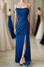 Sheath Spaghetti Straps Satin Long Bridesmaid Dress with Slit