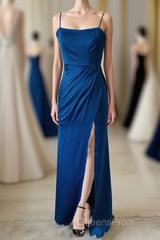 Sheath Spaghetti Straps Satin Long Bridesmaid Dress with Slit