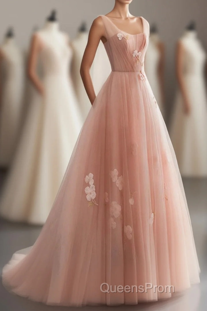 Pink V Neck Tulle Long Evening Prom Dress, Tulle Evening Dress Main image