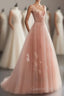 Pink V Neck Tulle Long Evening Prom Dress, Tulle Evening Dress
