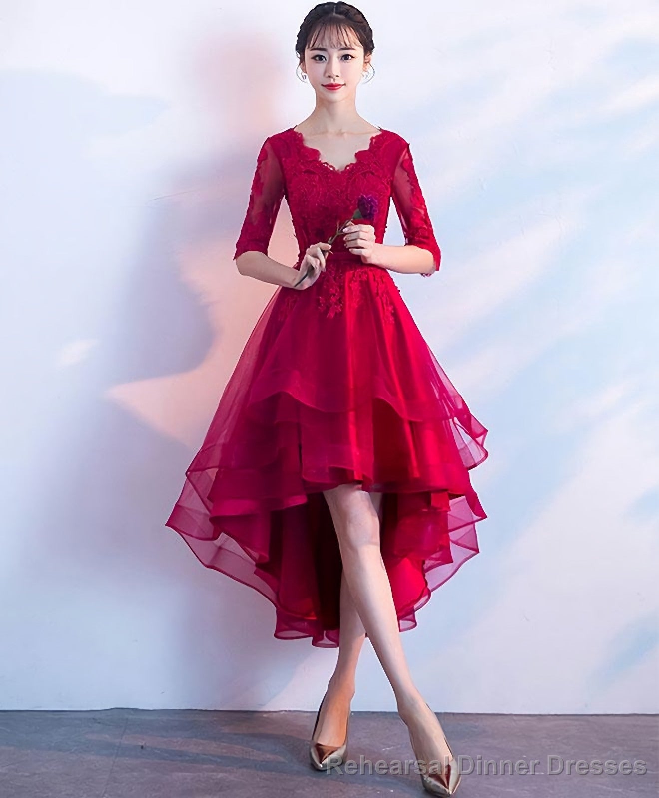 Burgundy V Neck Tulle Lace Short Prom Dress Bridesmaid Dress Main image