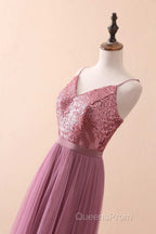Dusty Purple Sequin Spaghetti Straps A-Line Long Bridesmaid Dress