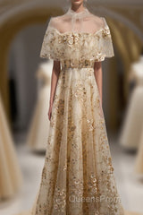 Champagne Tulle Lace Long Evening Prom Dress, Champagne Formal Dress, 1