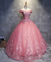 Pink Tulle Lace Off Shoulder Long Evening Prom Dress, Pink Tulle Evening Dress, 1