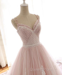 Pink Sweetheart Lace Tulle Long Evening Prom Dress, Lace Pink Evening Dress