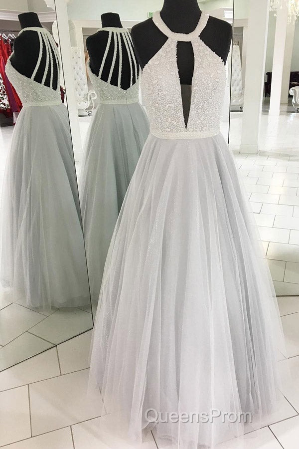 Gray A Line Floor Length Halter Sleeveless Beading Evening Prom Dress Secondary image