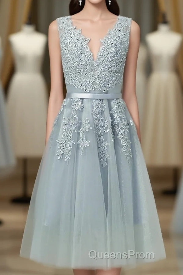 Gray A Line Lace Tulle Short Evening Prom Dress, Homecoming Dress Main image