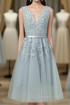 Gray A Line Lace Tulle Short Evening Prom Dress, Homecoming Dress