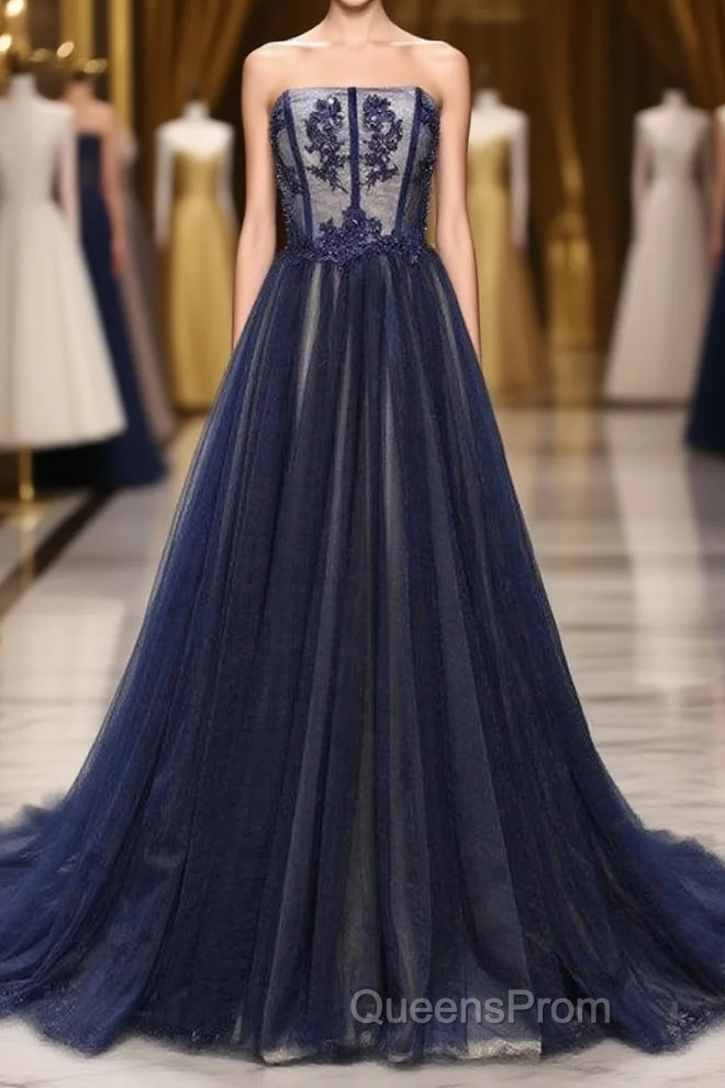 Navy A Line Sweep Train Straight Sleeveless Mid Back Lace Up Evening Prom Dress Main image