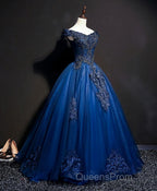 Blue Tulle Lace Off Shoulder Long Evening Prom Dress, Blue Tulle Lace Evening Dress