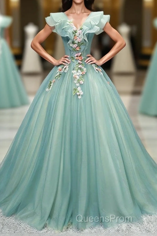 Green V Neck Tulle Long Evening Prom Dress, Green Evening Dress Main image