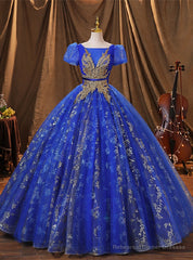 Royal Blue Tulle Pleats Sequins Appliques Quinceanera Dress