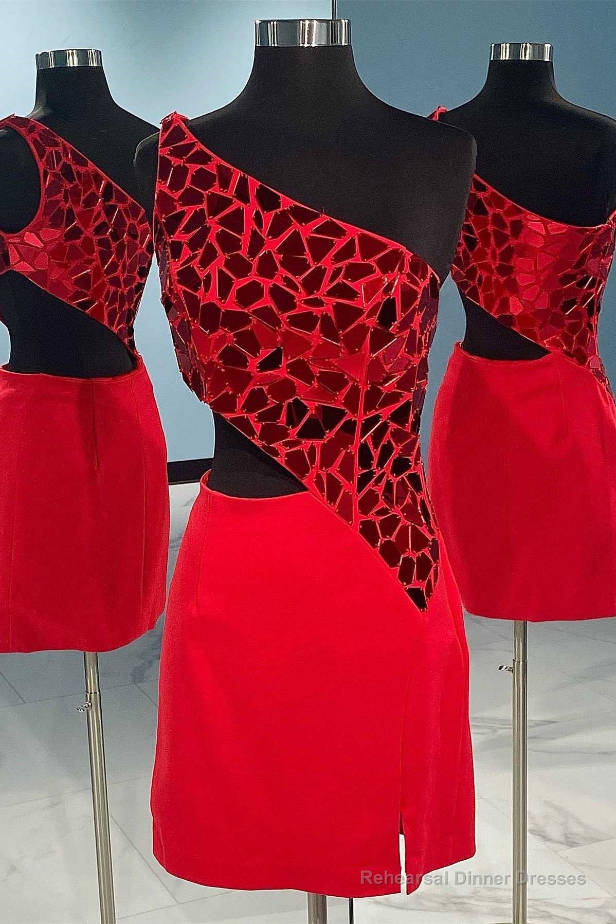 Red Cut Glass Mirror One-Shoulder Cutout Homecoming Dress Main image