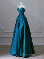 Simple Blue Satin Strapless Evening Prom Dress