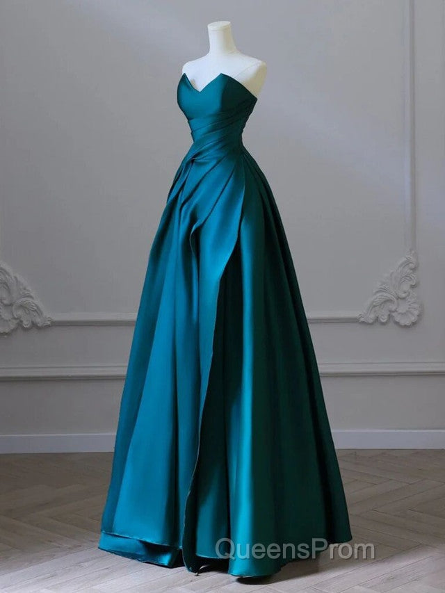 Simple Blue Satin Strapless Evening Prom Dress