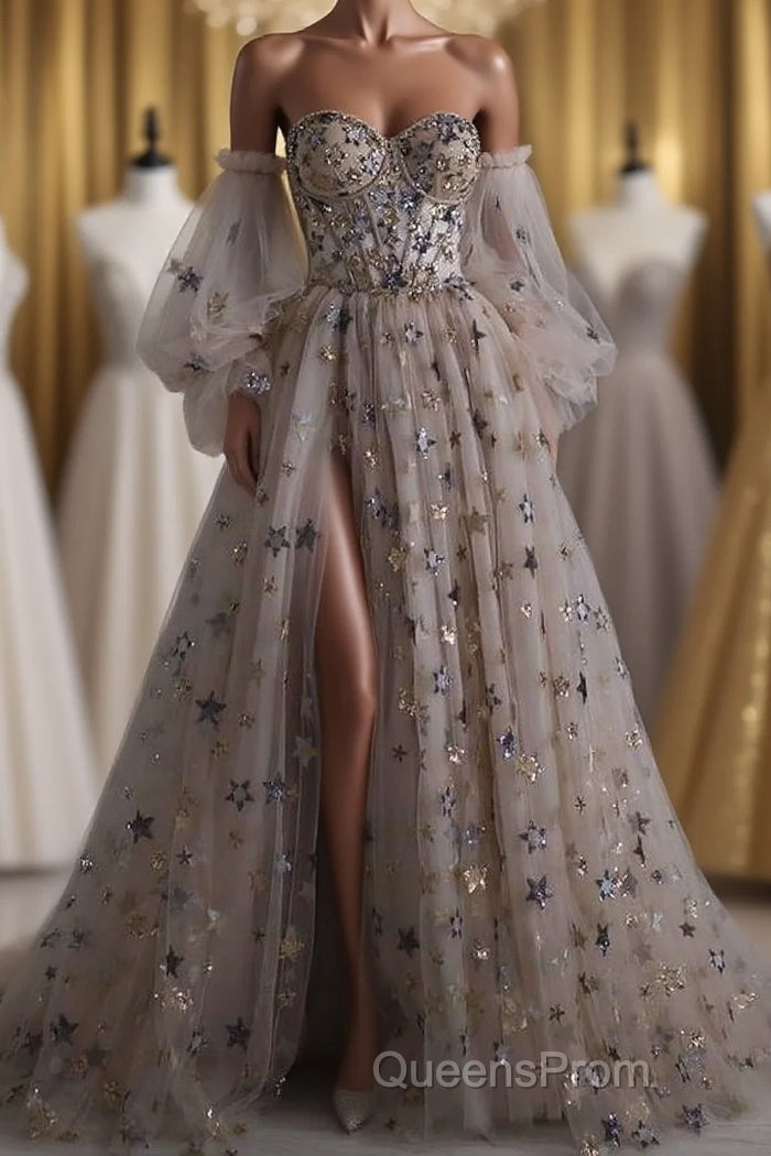 Chic Long Sweetheart Front Split Star Evening Prom Dress With Sleeves Main image