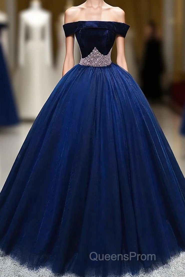 Dark Blue Tulle Off Shoulder Long Evening Prom Dress, Blue Sweet 16 Dress Main image