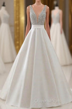 A Line Brush Train Deep V Neck Sleeveless Beading Evening Prom Dress