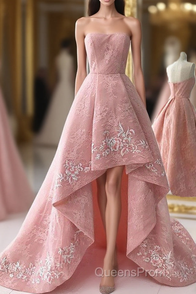 Charming Modest Pink A Line High Low Strapless Zipper Back Evening Prom Dress Main image