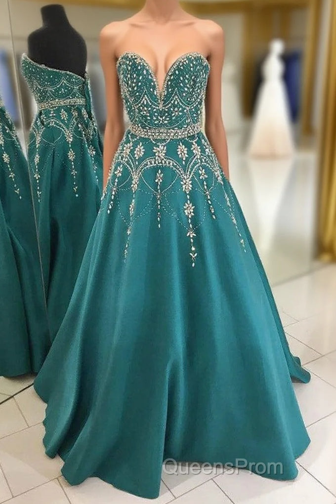 Green A Line Floor Length Sweetheart Sleeveless Beading Evening Prom Dress Main image