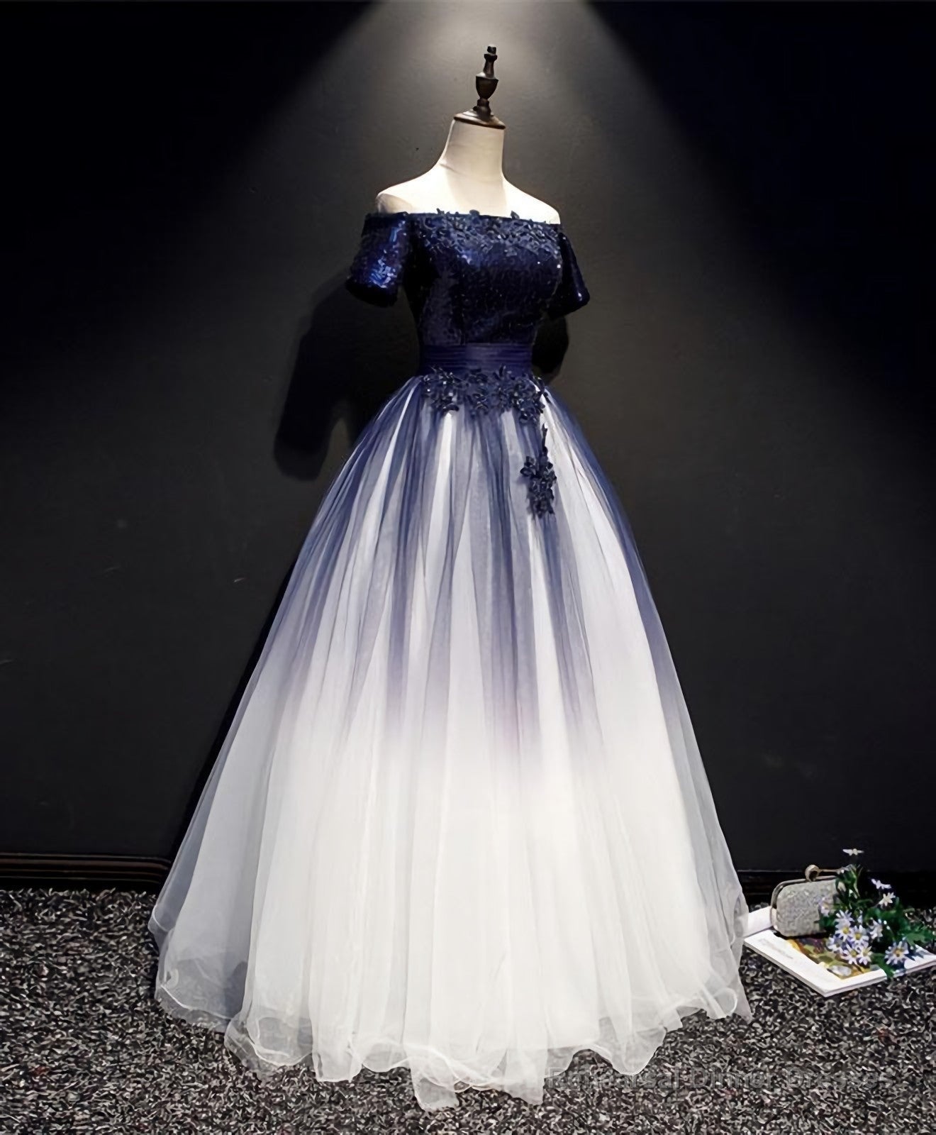 Blue Tulle Lace Long Prom Dress, Blue Tulle Lace Formal Dress Main image