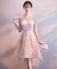 Pink Round Neck Lace Short Prom Dress Pink Homecoming Dress 1