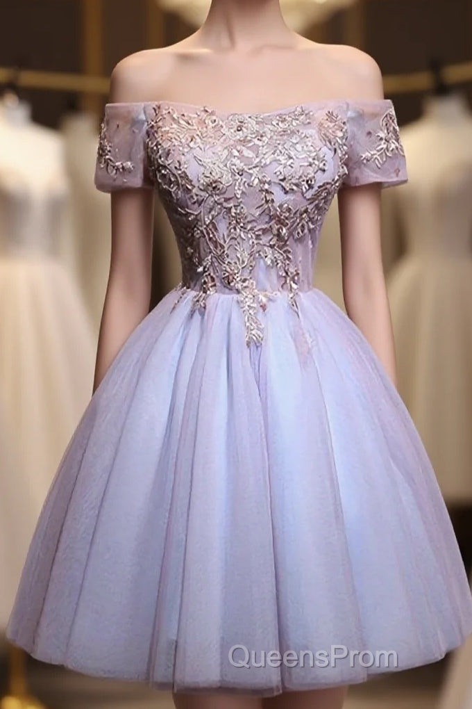 Cute Lace Applique Tulle Short Evening Prom Dress, Homecoming Dress Main image