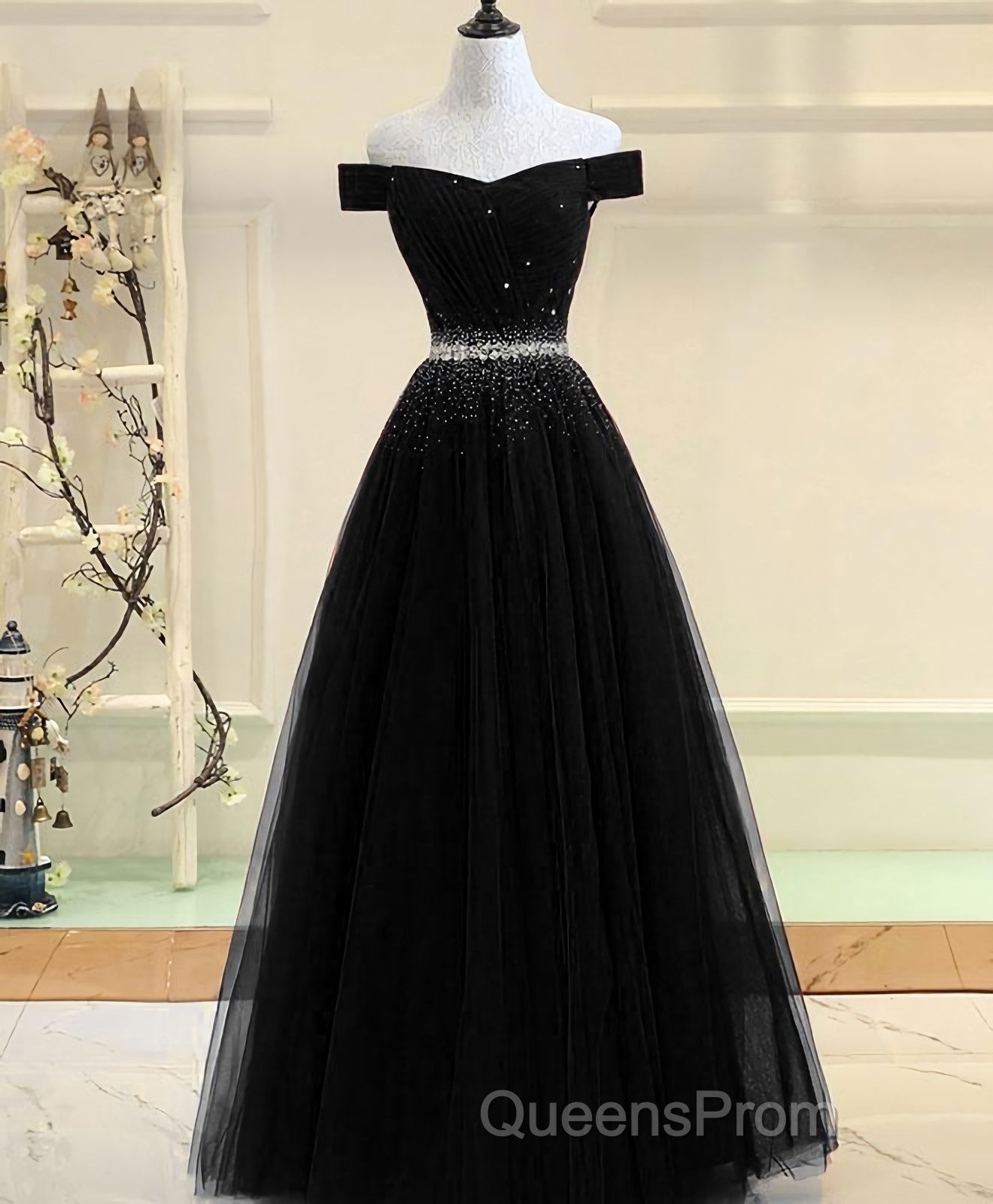 Burgundy Tulle Off Shoulder Long Evening Prom Dress, Burgundy Evening Dress
