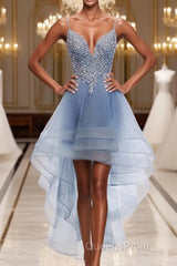 Blue Sweetheart Tulle Lace High Low Evening Prom Dress, Blue Homecoming Dress