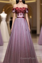 Pink Tulle Lace Applique Long Evening Prom Dress, Evening Dress