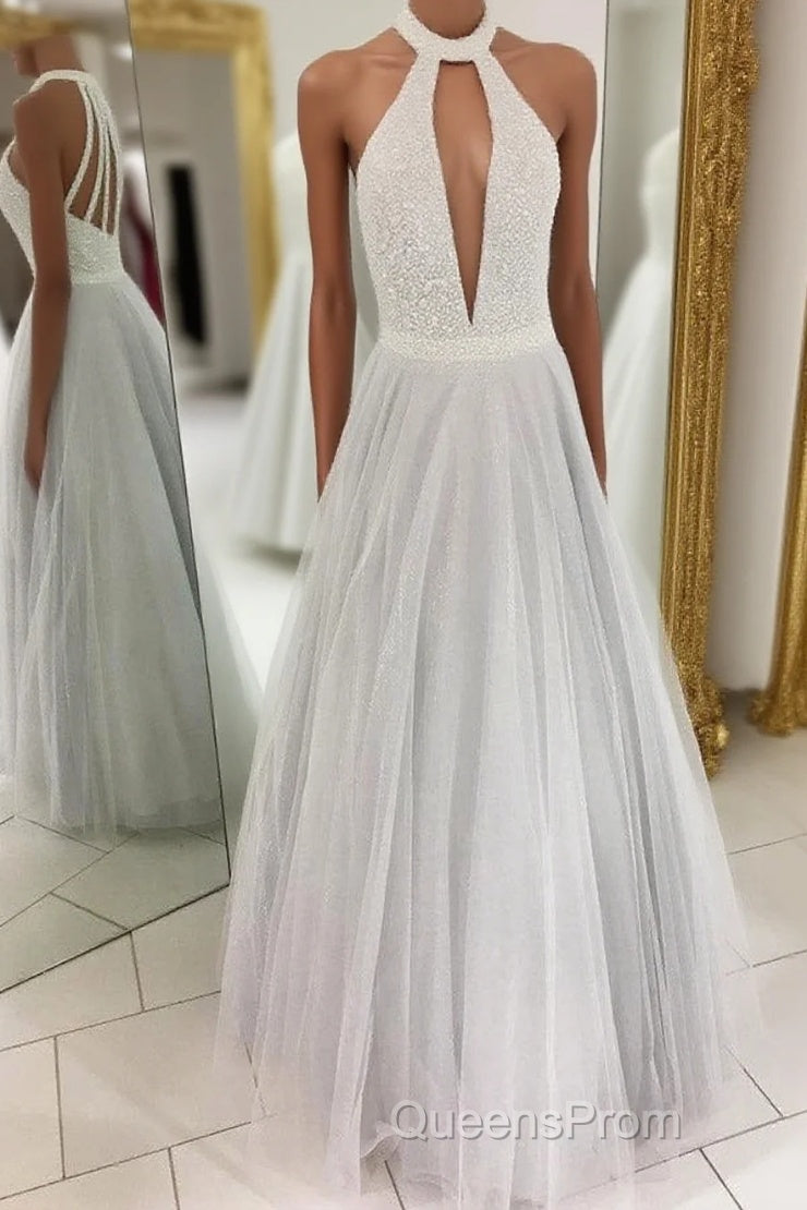 Gray A Line Floor Length Halter Sleeveless Beading Evening Prom Dress Main image