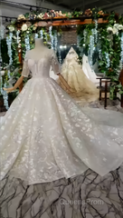 Luxury Lace Wedding Dress Scoop Half Sleeves Appliques Ball Gown