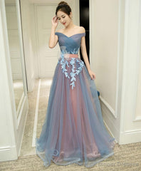 Gray Blue Tulle Off Shoulder Long Prom Dress Gray Blue Evening Dress
