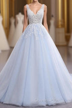 Ball Gown Chapel Train V Neck Sleeveless Backless Appliques Evening Prom Dress