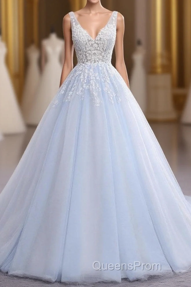 Ball Gown Chapel Train V Neck Sleeveless Backless Appliques Evening Prom Dress