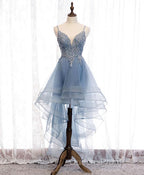 Pink Tulle Lace High Low Evening Prom Dress, Pink Homecoming Dress, 1