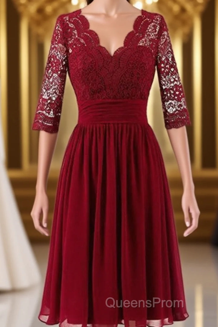Burgundy A Line Knee Length V Neck 1/2 Sleeve Hollow Bridesmaid Dress Main image