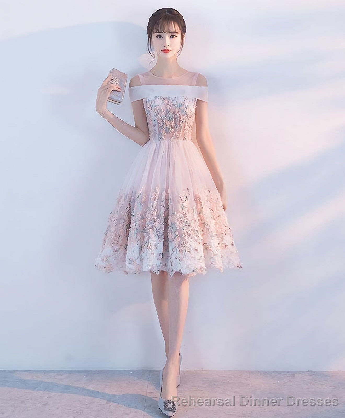 Pink Lace Applique Short Prom Dress Pink Homecoming Dress Main image