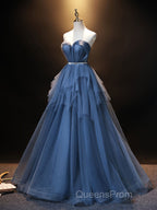 Blue Sweetheart Neck Tulle Long Evening Prom Dress, Blue Evening Dress